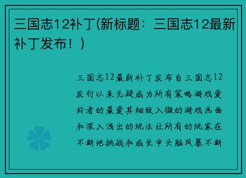 三国志12补丁(新标题：三国志12最新补丁发布！)